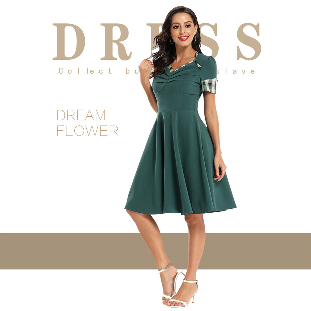 Spring Summer New 50s Vintage Green Big Swing Dress Sexy Fashion Deep V Pleated Dresses Solid Color Plaid Women Clothing 2020